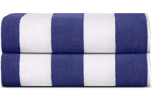 SweetNeedle Beach Towels for Adults Pack of 2 - Royal Blue-White Cabana Striped Classic - 100% Cotton Terry Ringspun Pool Towel, Quick Dry, Super Absorbent Swimming large towel, 76x152 cm