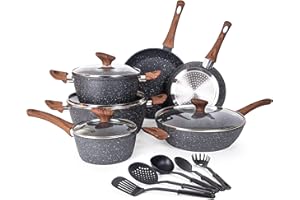Set di pentole e padelle antiaderenti – Set di pentole per fornelli a induzione – 15 pezzi di utensili da cucina con coperchi – Pentole in marmo per cucinare – di Nuovva