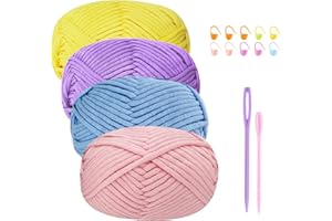 Renyiz Chunky Yarn for Crochet Cotton Yarn for Crochet Chunky Wool 4x50g Crochet Yarn for Beginners Crochet Wool Knitting Yarn with Crochet Accessories Yellow Yarn