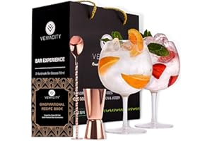 VEMACITY Verre Gin Tonic pour les Amateurs de Gin - Lot de 2 Verre G&T Faits à la Main. Livre Électronique de Recettes Gratuit | Cuillère à Cocktail en Or Rose, Doseur Double Face et Grands Verres Cocktail