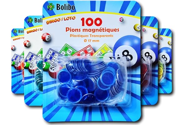 Bolibo JETON Loto magnétique - 100 PIONS MAGNÉTIQUES - 17 mm de diamètre - Coloris au Choix - Bleu, Orange, Jaune, Vert, Rouge, Violet - Bingo (Bleu)
