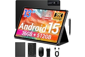 DEEMWOLF Tablet 13 Inch Android 15 Tablet with SIM Slot,4G LTE and 5G WiFi,36GB RAM+512GB ROM/2944 * 1840 FHD/11580mAh /20W/Face ID/GPS/BT 5.0/TÜV/USB-C,Tablets with Keyboard,Mouse