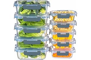 MFY 10 Pack Glass Containers with Lids, Reusable Meal Prep Containers, Airtight Glass Food Storage Containers with Lids, BPA-free, Microwave, Oven, Freezer and Dishwasher Safe, 1040ml & 400ml, Gray