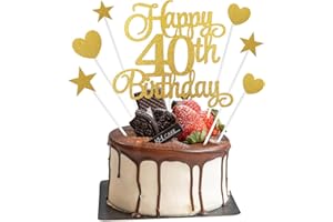 APLZGMG 40th Birthday Cake Decorations, 7Pcs Personalised Happy 40th Birthday Cake Topper with Heart Star Cupcake Picks, Gold Glitter Happy 40 Years Old Birthday Sign for Birthday Party Supplies
