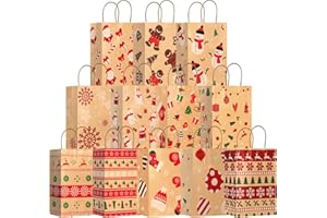 CLEANEATY Christmas Kraft Gift Bags, 12Pcs Christmas Paper Bags Party Goody Bags Gift Bags with Handle for Wrapping Xmas Holiday Presents