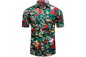 fohemr Herren Weihnachten Festival Barock Hemd Knöpfe Weihnachtsmann Gedruckt Kurze Ärmel Party Shirt