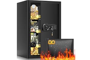 MEJASG Caja fuerte grande de 70 l, resistente al fuego, con bolsillo para documentos ignífugo, caja fuerte digital con estante extraíble, caja fuerte para muebles, documentos, joyas doradas, objetos de valor