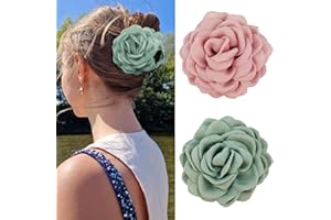Mezrkuwr 2 Pinzas de Pelo con Diseño de Rosas Grandes para Mujeres - Estilo Floral Hawaiano - Rosa Cálido y Verde Salvia
