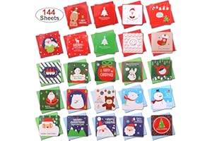 HOWAF Zestaw 144 mini kartek bożonarodzeniowych z kopertami, Wesołych Świąt Bożego Narodzenia, niezadrukowane kartki na życzenia świąteczne, motyw 24 bożonarodzeniowy, idealne na prezent dla dzieci, 5 x 6 cm