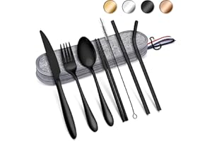 Herogo Set di posate da viaggio, 8 pezzi, in acciaio inox, con borsa per il trasporto, coltello, forchetta, cucchiaio, bacchette, cannucce, spazzola per viaggi all'aperto, picnic (nero)