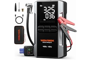 WOLFBOX 4000A Arrancador de Baterias de Coche con Compresor de Aire, Booster Bateria 12V con Cargador Rápido 65W (10L Gas/10L Diesel), Pantalla Grande y Linterna LED