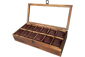 GENÉRICO Caja para Relojes con 12 Compartimentos, Artesanal, Madera Maciza, Guarda Relojes, Estuche Reloj, Porta Reloj, Relojero, Organizador, Cojín Extraíble, Marrón, Idea Regalo, Cumpleaños, Hombre, Mujer