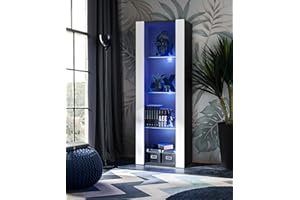 Komodee, Vitrina Tivoli, Blanco Negro, Ancho 55 cm x Alto 159 cm x Profundidad 35 cm, LED Azul, 3 estantes, para salón, Dormitorio, Pasillo