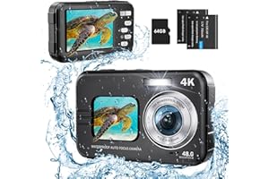 Appareil Photo Numérique HICSHON 4K étanche 48 MP Autofocus Caméra sous-Marine avec Carte mémoire 64 G Selfie Dual écrans avec Zoom 16X, Compact pour Enfants/débutants (Noir)