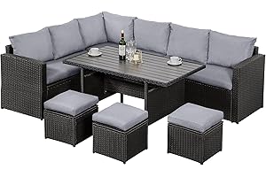‎MEXO MeXo Polyrattan Gartenmöbel-Set Garten Essgruppe mit Ecksofa, WPC Esstisch, 3 Hocker, Kissen - Gartenlounge wetterfest bis 10 Personen