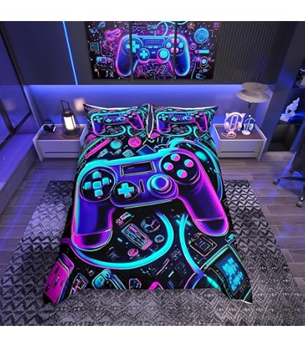 thumbnail: PEIHUODAN Gaming Beddengoed Set - 3D Gamepad Design, Blauw/Zwart, 135x200 Cm (Single) Met Rits