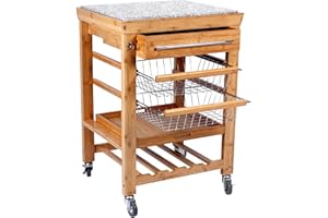 BUTLERS Rolling Stone Servierwagen - Küchenrollwagen mit Granit Arbeitsplatte - Natur Bambus - Rollwagen Höhe 92 cm