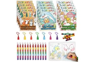 ICEPAPA, 12 Libros para Colorear y 12 Ceras de Colores para Niños (7 Colores en 1), Perfectos para Regalos de Cumpleaños, Colegio y Guardería