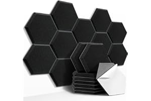 HyFanStr Lot de 12 Mousse Acoustique Autocollante, Noir Panneaux Acoustiques Panneau Acoustique, Hexagonale Mousse Anti Bruit Isolation Phonique Traitement Acoustique pour Home Studio Porte Mur