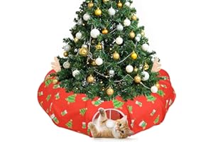 Tivray Cat Tunnel Bed Under Christmas Tree, 35' Xmas Peekaboo Cat Cave with Toy Balls and Circle Cushion. Multifunctional Playground Pet Toys Gifts for Kitty, Rabbit and Small Animals, Red + Green