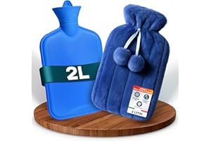 VOLILA Borsa Acqua Calda 2L - Boule Acqua Calda Blu con Pon Pon per Alleviare il Dolore, Scaldamani e Scaldapiedi – Borsa dell’Acqua Calda di Lusso, Morbida e Lavabile per Impacchi Caldi e Freddi