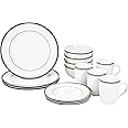 Amazon Basics Set di Stoviglie per 4 Persone, Porcellana, Bianco/Bordo Nero, 16 Pezzi