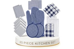 LANE LINEN Flour Sack Dish Towels Set - 20 Pc Kitchen Towel Set with Pot Holders and Oven Mitts,100% Cotton Kitchen Towels, Absorbent Dish Towels: Indigo