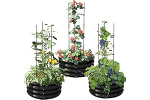 ‎SUNYRISY SUNYRISY 3er Set Rund Hochbeet Metall für Garten mit Rankhilfe Pflanzenhalter, Pflanzkasten Blumenkasten Kräuterbeet mit Rankgitter für den Anbau von Tomaten, Blumen und Kräutern, Schwarz