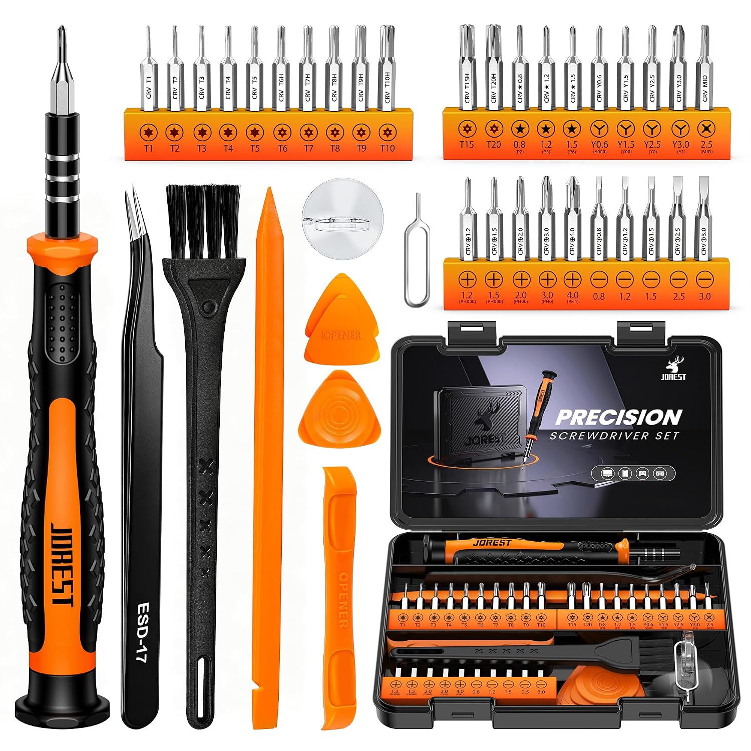Jorest 33-delige precisieschroevendraaierset, gereedschapsset met Torx T1, T2, T3, T4, T5, TR5, T6, T7, T8, T9, T10, T15, Triwing Y00, ster P2/5, -1.0/2.0, enz., voor PS4, Xbox, Switch, Macbook, pc, | Mini-gereedschapsset voor Macbook, iPhone, Laptop, Computer, Switch, PS4 PS5, PC, Xbox, Watch, glazen