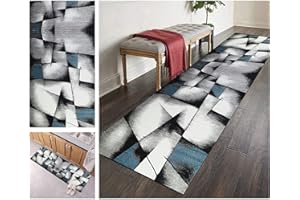 ‎ZVEZVI ZVEZVI Teppich Läufer Flur Küche Blau Grau und Schwarz Geometrisches Muster 50x100cm Bunter Modern rutschfest Waschbar Vintage Kücheläufer Teppichläufer Polyester Meterware Anpassbar