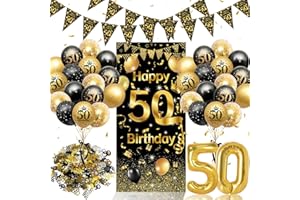 WISTENALLA 50. Geburtstag Deko Set Schwarz Gold - Komplette Geburtstagsparty Dekoration für Männer & Frauen mit Riesen Hintergrundbanner, Dreiecksgirlande, Zahlenluftballon, Luftballons und Konfetti