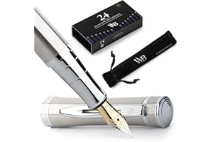 Wordsworth & Black Fountain Pen Set, Extra Fine Nib, Includes 24 Pack Ink Cartridges, Ink Refill Converter & Gift Pouch, Chrome Finish, Calligraphy, [Silver Chrome], Perfect for Men & Women