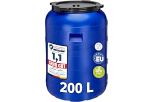 Garronda 200 Liter Weithalsfass BPA-frei Futtertonne Fass Universalfass Lebensmittel Fass Regenfass für Garten Regentonne mit Deckel Regenwassertonne für Garten Wassertonne GD-0093, Blau