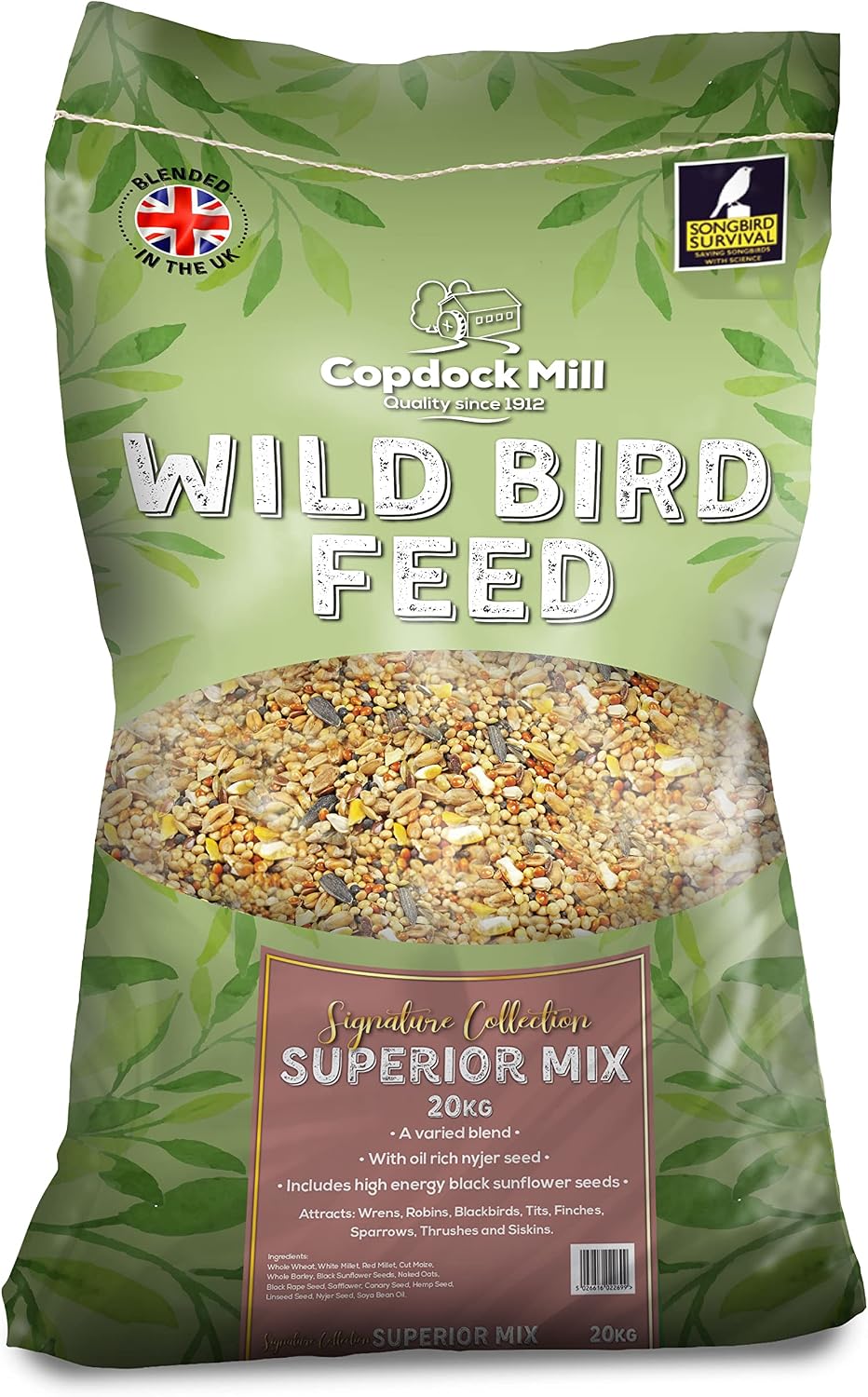 Copdock Mill Wild Bird Seed Superior Mix 20kg - All Year-Round Bird Seeds for Small Garden Birds - 100% Natural Nutritional Feed with Black Sunflower and Nyjer Seeds