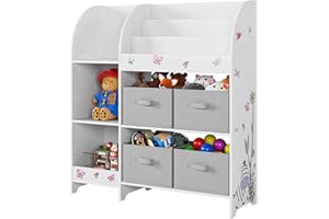 ‎HOCSOK HOCSOK Toy Shelf, Bookcase Children, Children's Shelf with 4 Storage Boxes, Toy Organiser for Children's Room, Bedroom, Nursery, White, 92.2 x 100.2 x 30 cm