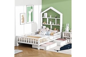 Azkoeesy Cama Infantil de Madera de Pino, 90 x 200 cm, Cama para niños con 2 cajones y protección contra caídas, con Espacio de Almacenamiento, cabecero de Cama, Casita Forma de casa, Color Blanco