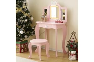 LALAHO Schminktisch Kinder mit Hocker LED-Licht Frisiertisch Kinderschminktisch für Mädchen Frisierkommode mit Schublade (Rosa)