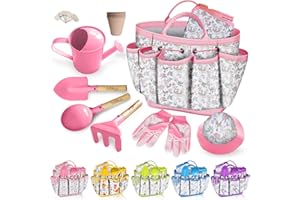 FUSHI&MON Kids Gardening Tool Set, 18PCS Children's Garden Tool Kit, Outdoor Garden Toys for Kids with Tote bag Shovel Rake Trowel Watering can etc,Outdoor Tools Fun Toys Gift Sets for Boys, Girls(Pink)
