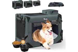 Reerooh Hundebox M 60x42x42cm, Faltbar Hundetransportbox Inkl.Hundenapf, Tragbare Hundetasche für Reisen, Hunde und Katzen Auto Haustiertransportbox (Grau, M)