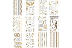 NEPAK 12 Fogli Tatuaggi Temporanei,Metallici Tatuaggio Temporaneo, Impermeabile Tatuaggi di Oro Tattoo Adesivi per Donna,Uomo,Adulti