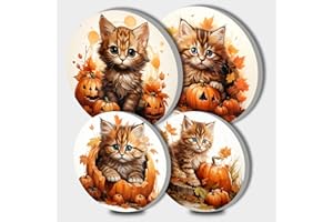 WALARKY Gelbe Katzen Bild Runde Herdabdeckplatten Herbst Kürbis 4-teilig Herdplatte Herdplatten Herdabdeckungen für Herde Ahornblatt Top Brenner Gasherd Ofenschutz Küchenzubehör Kochfeld Deko Dekor