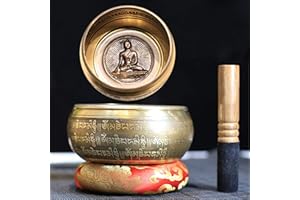 Gandhanra Klassisches tibetisches Klangschalen-Set, geschnitzter Buddha und Mantra, handgefertigt in Nepal für Klangheilung, Meditation, Yoga, Entspannung