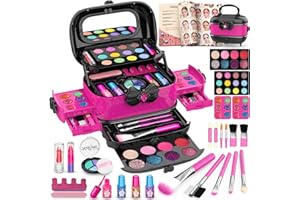 Hollyhi 58pcs Kids Real Makeup Sets for Girls, Safe Washable Children Pretend Dress Up Toys Make Up Starter Kit, Princess Christmas Birthday Gifts for Age 3 4 5 6 7 8 9 10 11 12 Year Old Girl (Rose)