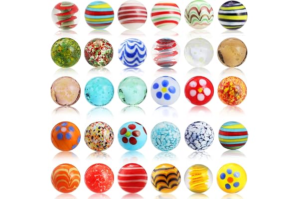 Loppdece Lot de 30 Billes en Verre pour Enfants - 25 Colorées et 5 Phosphorescentes à Pois pour Décoration ou Jeu (15 mm)