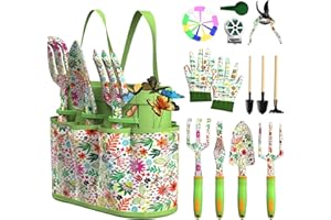 MYMULIKE Outils de Jardinage, 27 pièces Ensemble de Jardinage en Acier Inoxydable avec XL Sac de Rangement, Gants de, Cadeaux de kit Jardinage pour Homme et Femme