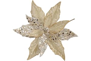 OAIRSE 4 flores de Pascua grandes con purpurina de 30 cm, color champán, flores artificiales de Navidad con tallo largo, decoraciones de árbol de Navidad para adornos de árbol de Navidad, boda, Año Nuevo