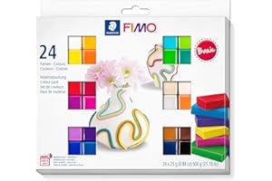 STAEDTLER FIMO soft ofenhärtende Modelliermasse, Kartonetui mit 24 sortierten Basic-Farben, 24 Halbblöcke à 25 g