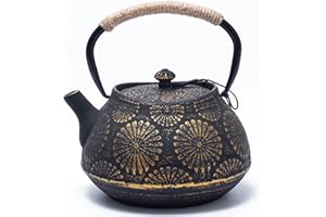 MILVBUSISS Théière en Fonte, Théière Japonaise avec Infuser pour Feuille Libre, Grande Capacité 1200ml Sakura Design Bouilloire à Thé pour Cuisinière Enduite d’Intérieur émaillé, Noir