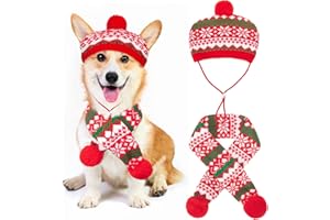 BINGPET Weihnachten Hundekostüme Hundemütze Schal Set Stricken Schneeflocke Print Puppy Xmas Outfits Haustier Kostüm Zubehör 2 Pcs Winter warme Kleidung für kleine bis mittlere Hunde Katzen