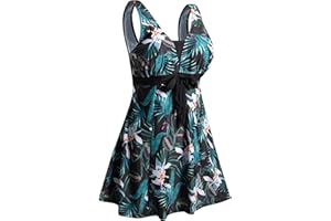 Ecupper Maillot de Bain Une Pieces pour Femme Rétro Jupe avec Volantée Contrôle du Ventre Push Up Col en V